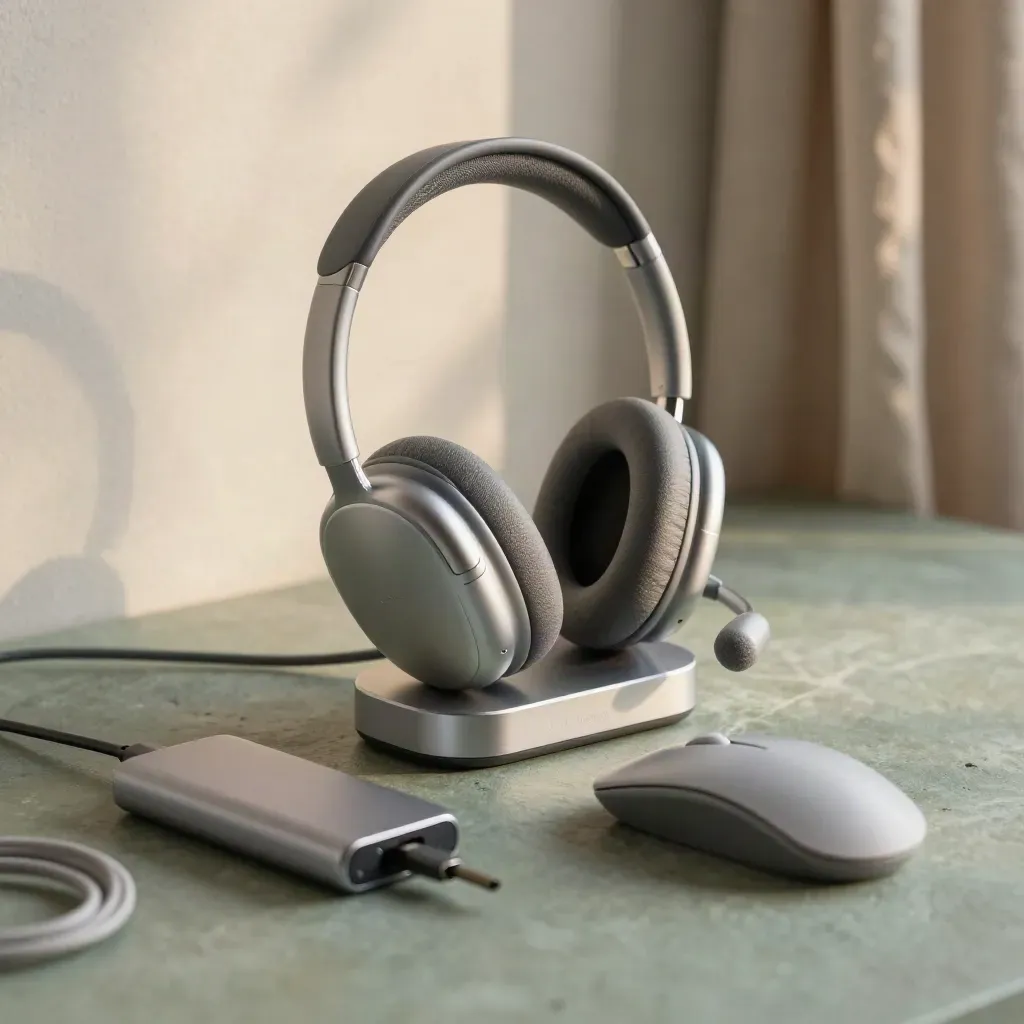 Cuffia over-ear, mouse ergonomico e hub USB-C su pietra chiara, luce mattutina dopo la pioggia