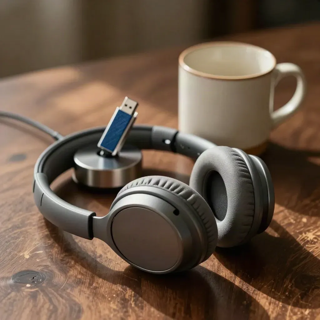 Cuffie, base di ricarica, tazza grezza e chiavetta USB su tavolo in noce.