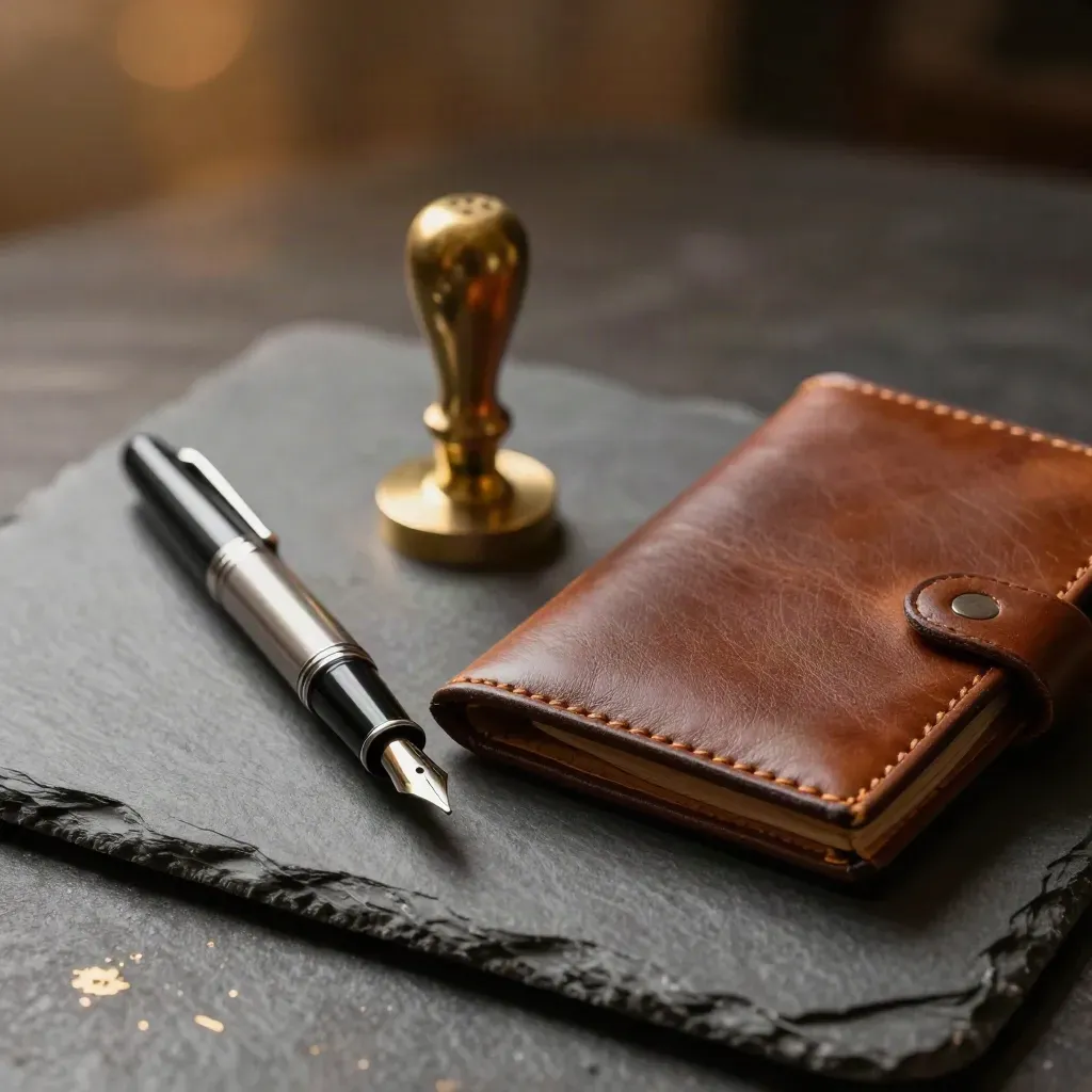 Cartella in pelle, penna stilografica, timbro in ottone e sigillo metallico su lastra di pietra.