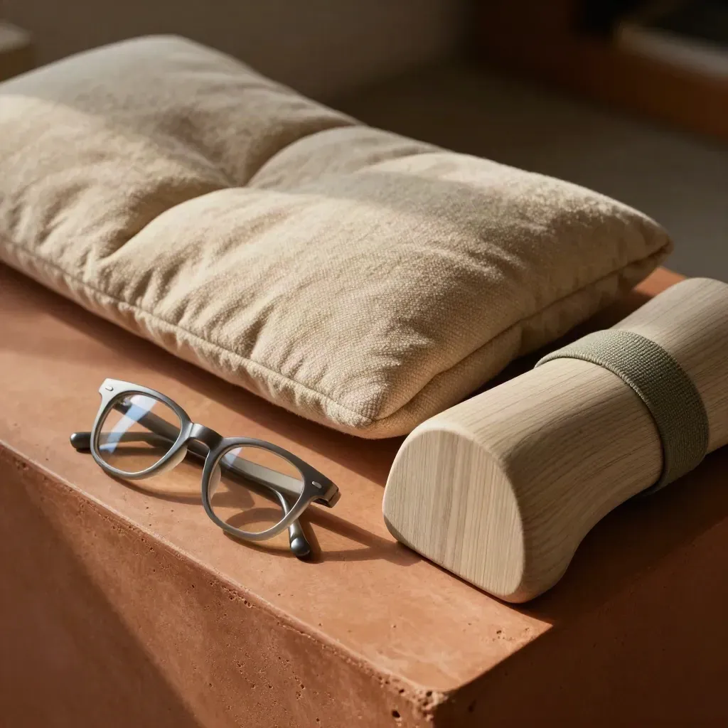 Cuscino lombare, occhiali leggeri e poggiapiedi in legno su plinto in terracotta